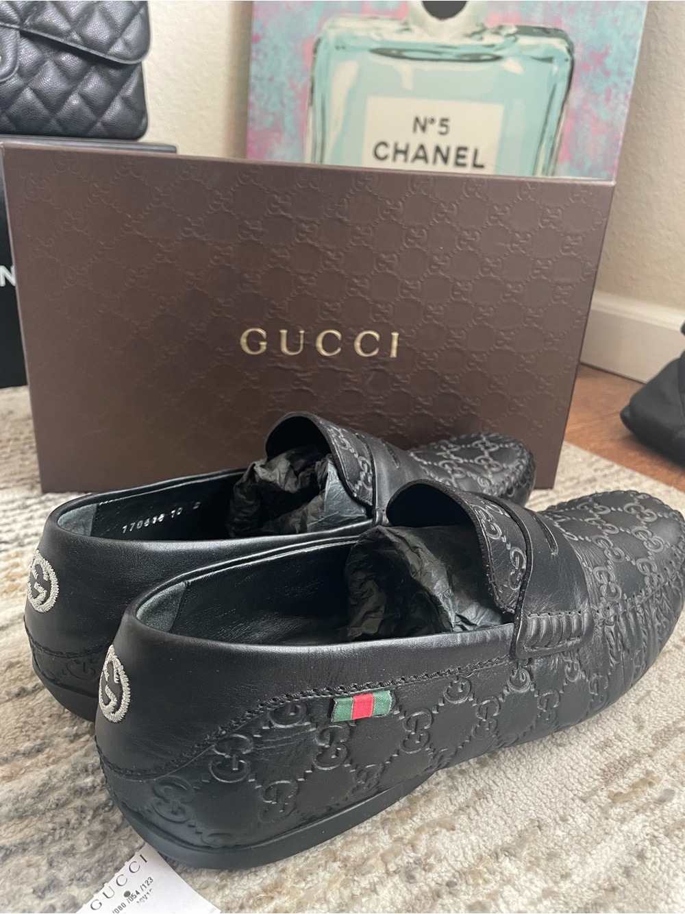 GUCCI Black Leather Guccissima GG Men Loafer shoes Gucci slipper with GG BAG aut